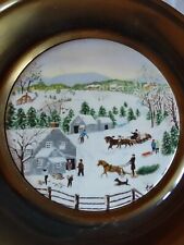 VTG Ceramic Signed Grandma Moses Winter Plate Brass Frame Marked Made in England picture