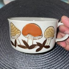 Vintage Mushroom Soup Mug Ivory Brown Red Handle Ceramic 70s Style picture