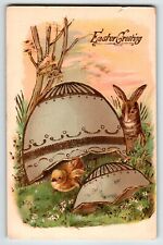 Easter Postcard Bunny Rabbit Baby Chick Gold Trim Germany Embossed Vintage 1908 picture