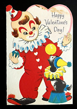 Vintage 1960s Rust Craft Valentine Clown Juggle Puppy Die Cut Greeting Card Cute picture