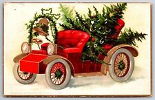 Clapsaddle Christmas~Decorated Candle Tree in Vintage Red Car~Gold Embossed~1908 picture