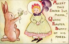 Vintage Antique Postcard Easter Anthropomorphic Bunny Propose Little Girl P04 picture