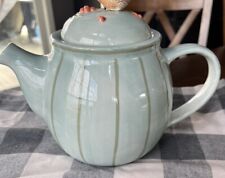 Hallmark Vintage Marjolein Bastin Turquoise Striped Teapot with Sparrow Lid Rare picture