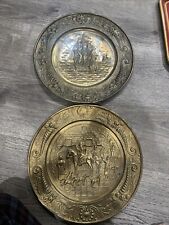 2 VTG MCM 14” Set BRASS WALL PLATE CHARGER FOX HUNT SCENE HORSES And ship picture