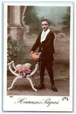 France Postcard RPPC Photo Easter Boy With Eggs And Flowers Studio c1910's picture