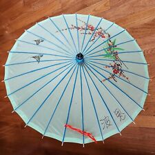 Hand-painted Asian Parasol Mint Green Fabric Blue Painted Ribs Cherry Blossom picture
