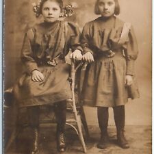 c1910s Rewey, Wis. Cute Little Girls RPPC Adorable Dress Hair Bow Photo A156 picture