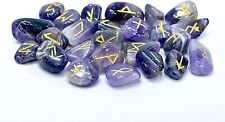 Amethyst Crystal Runes Set of 25 Engraved Rune Stones Pagan with Velvet Pouch picture