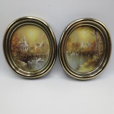 2 Vintage Homco Gold Oval Framed Church Swan Lake Wall Art Pictures #9663 Decor picture