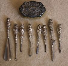 Antique Vintage Ornate Silver plated Vanity Nail Kit Set + antique pewter? brush picture