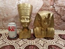 Pair King Tut Queen Nefertiti Brass Bust Egyptian Pharaoh Large picture