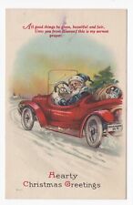 Hearty Christmas Greetings Poem Santa In Blue Suit Driving Red Car DB Postcard  picture