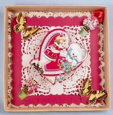 Valentine A Token of Love Girl Puppy Butterfly Flowers Doily in OB Vintage #44 picture