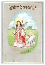 1908 Easter Greetings Egg Shape Girl Little Bow Peep Lamb Embossed Postcard picture