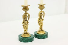 Pair of French Antique Bronze Cherub Candlesticks, Malachite #48045 picture