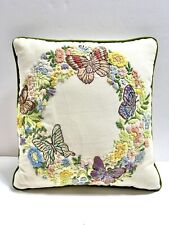 Vintage Embroidered Crewel Butterflies Floral Botanical Throw Pillow 12x12” Boho picture