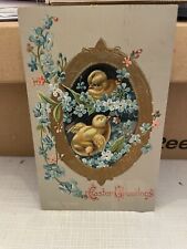 Vtg Postcard Embossed Easter Greetings Chicks & Blue Flowers 1909 picture