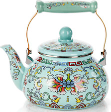 2.6 Quart Vintage Enamel Tea Kettle, Large Enameled Floral Teapot, Flower Enamel picture