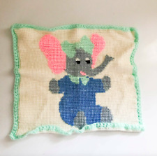 Vintage Baby Blanket Pastel ELEPHANT Knit Square  Pink Blue White 24x23 picture