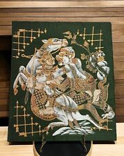 Vtg Thai Silk Art Painting Two Warriors Horse Green Gold Ornate Unframed picture