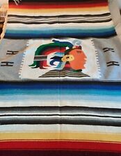 Vintage Hand Woven Aztec Warrior Native Rug Wall Hanging Tapestry 78”x 49” picture