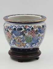 Chinese Floral Fish Bowl Planter With Wood Stand Chinoiserie Vintage  picture