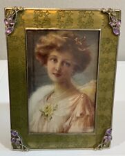 Vtg Ashleigh Manor Metal Green Enamel Purple Jeweled Photo Picture Frame 4” X 6” picture
