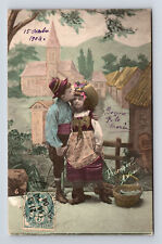 c1904 French Studio Portrait of Boy Kissing Girl Young Love Bonne Fete Postcard picture