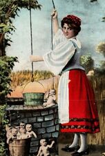 C.1910s Fantasy. Woman At Hand Drawn Water Well. Cherub Babies. Postcard picture
