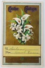 Vintage Easter Greetings Embossed Postcard Easter Lilies Gold Background 1910 picture