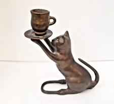 Vintage SPI San Pacific International Bronze Cat Holding Teacup Candle Holder picture