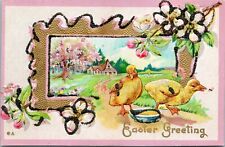 Vtg 1900s Postcard Easter Greetings Embossed Glitter Gilded chicks Flowers UNP picture