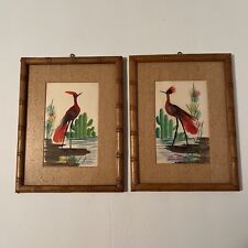 Vintage Mexican Feather Art Red Heron Bird 1 pair Framed & Matted picture