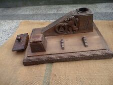 Amazing Antique Bulgarian 1918 WWI Carved Wood Inkwell Pen Rest Stand Vintage picture