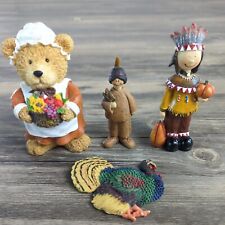 Thanksgiving Pilgrim Bear, Turkey & Native American Ceramic Figures Fall Harvest picture