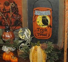 Prim Antique Vtg Style Spooky Trick or Treat Owl Spider Halloween Scary Jar Sign picture