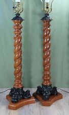 1970's Pair of Table Lamps Wood Twist Column & Cast Metal Accents picture