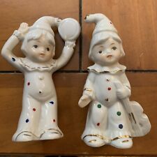 Pierrot 2 Clown Children Figurines Porcelain Tambourine Violin Vintage Japan picture