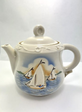 Vintage Nautical Tea Pot Porcelier Vitreous Raised Sailboat Beach picture