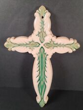 Handmade Ceramic Glazed Cross  8”x6” Wall Hanging Green & White VTG Cottage Core picture