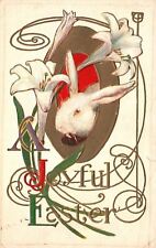 Joyful Easter Greetings Card White Bunny Rabbit Flowers Vintage Postcard c1910 picture