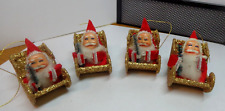 4 VINTAGE SANTA CLAUS IN GOLD GLITTER SEIGH ORNAMENTS W/TREES CHRISTMAS  picture