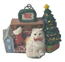 VTG 1993 FANCY FEAST CHRISTMAS ORNAMENT white resin cats by fireplace DAMAGED picture