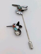 Petite Vintage Zuni Hummingbird Bird Turquoise Coral Silver Brooch & Stick Pin picture