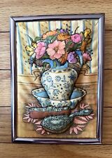 Vintage 3D Quilted / Puffed Fabric Embroidery - Victorian Flowers & Vase picture