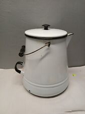 Vintage Large White & Black Enamelware Porcelain Cowboy Kettle Coffee Pot  picture