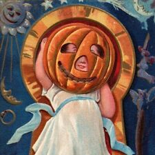 c1910 Halloween Postcard Jack-O-Lantern On Girls Head Mask Black Cat Candle Moon picture