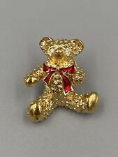 Vintage Gold Colored Teddy Bear W/ Red Bow Tie Lapel Pin Brooch picture