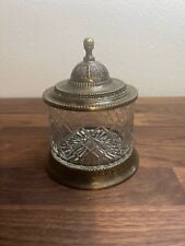 Vintage Crystal And Bronze Lidded Vanity Jar Ornate Patterned/ Bombay Company  picture