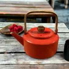 Vintage Bright Red Enamel Teapot Wood Handle Antique Farmhouse  picture